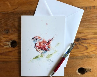 Wren Karte, Jenny Wren Grußkarte, Wildlife Art Karte, Aquarell Wren, British Bird Painting by Wildlife Artist Sandi Mower
