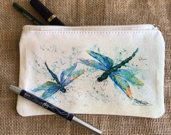 Dragonfly Design sparkly canvas make-up bag, handy pouch, 13x21cm, Wildlife Watercolours by Artist Sandi Mower