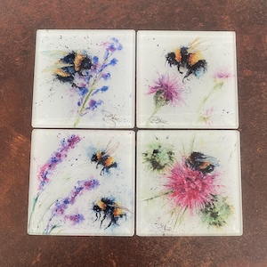 Set of 4 Glass Coasters, Colourful Bee Design Coasters, Glass Mats, Watercolour Artwork by Wildlife Artist Sandi Mower