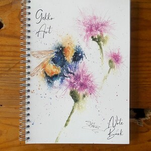 Hummel und Disteln Notizblock, A5 Größe, mit Spiralbindung, Wildtiere Art Notizbuch, Notizbuch, Aquarell, journal