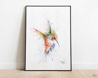 Rufous Hummingbird print, Watercolour art print, Hummingbird Watercolour Painting by Wildlife Artist Sandi Mower