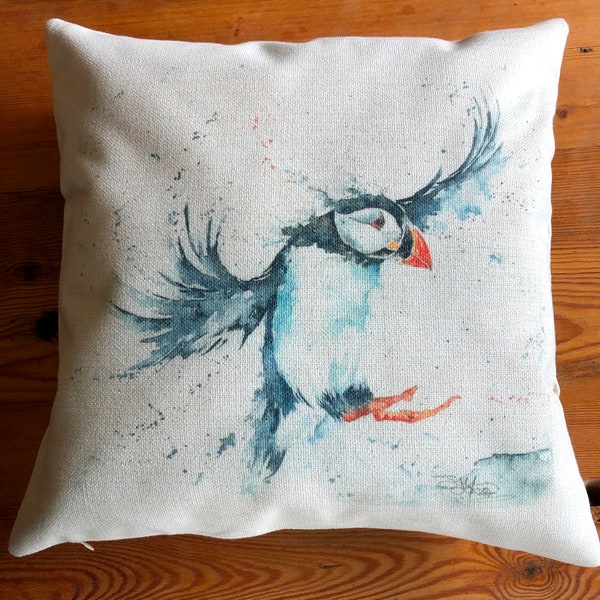 Puffin & Blowin Cushion Cover, Wildlife Art Cushion, Puffin Bird Textile Print, Linen look, Pillow 16inch