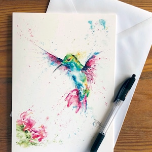 Biglietto acquerello colibrì, biglietto di auguri per uccelli, biglietto da visita vuoto, dell'artista della fauna selvatica Sandi Tosaerba