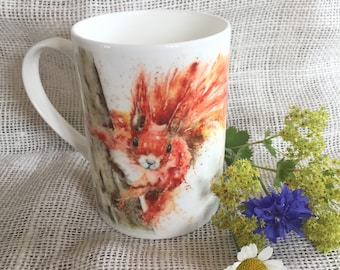 Red Squirrel Watercolour Bone China Mug, China Cup, Wildlife Art Mug by Watercolour Artist Sandi Mower