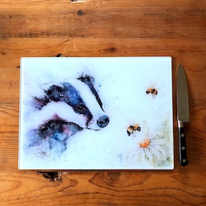 Badger & Bees Glass Chopping Board, Kitchen Worktop Saver, Table Mat, Cutting Mat. From a Watercolour By Wildlife Artist Sandi Mower