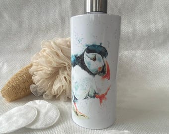Puffin Watercolour Design, Liquid Soap Pump Dispenser, by Wildlife Artist Sandi Mower
