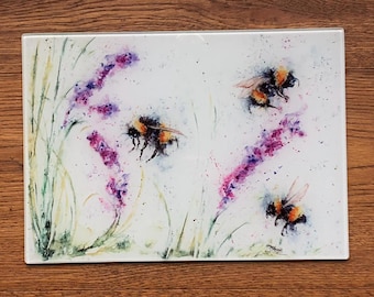 Bees & Lavender Glass Chopping Board, Kitchen Worktop Saver, Table Mat, Cutting Mat. From a Watercolour By Wildlife Artist Sandi Mower