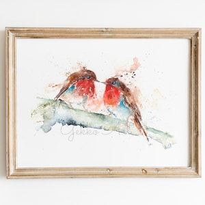 Rotkehlchen Aquarell, &#39;Robins Kiss&#39; Rotkehlchen Kunstdruck, signierte Aquarellmalerei von Wildtierkünstlerin Sandi Mower