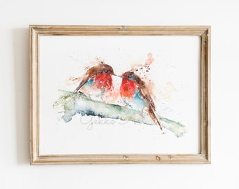 Aquarelle de Robins, impression d'art Robin « Robins Kiss », aquarelle signée par l'artiste animalière Sandi Mower