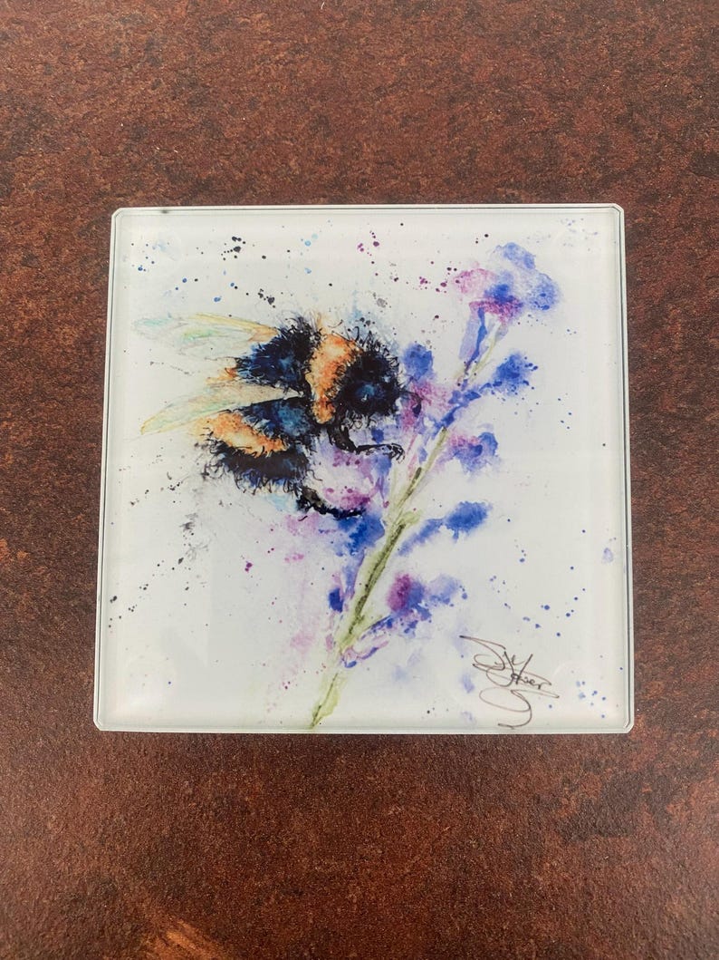 Set of 4 Glass Coasters, Bee Design - Thumbnail 3