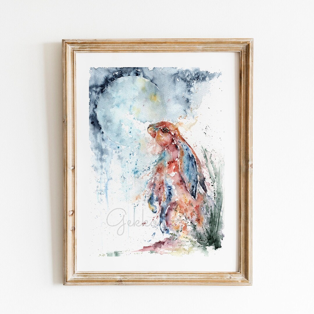 Moon Gazing Hare Watercolour Fine Art Giclee Print Hare - Etsy 日本