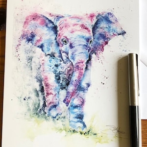 Jumbokaart, wenskaart babyolifant, verjaardagskaart, aquarel kunstkaart, notitiekaart, blanco kaart, door Wildlife Artist Sandi Mower