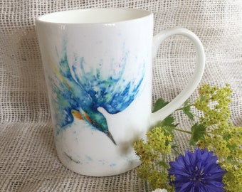 Kingfisher Watercolour Bone China Mug, China Cup, Wildlife Art Mug by Watercolour Artist Sandi Mower