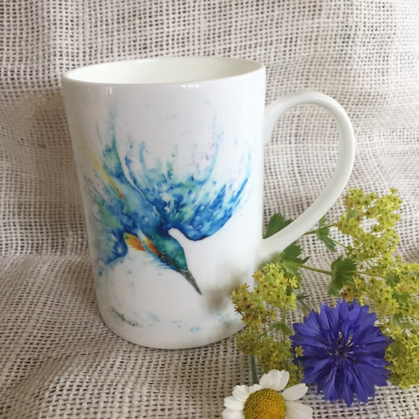 Kingfisher Watercolour Bone China Mug, China Cup, Wildlife Art Mug by Watercolour Artist Sandi Mower
