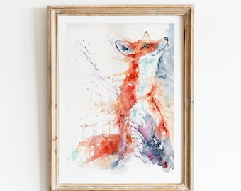 May include: Watercolour painting of a red fox with a white chest, looking up. The fox is surrounded by colourful watercolour splatters.