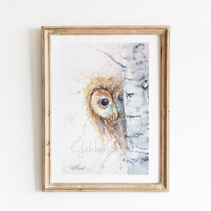 Peek-a-Woo, Tawny Owl, Watercolour Fine Art Giclee Print, Owl Watercolour, From an Original Painting by Wildlife Artist Sandi Mower