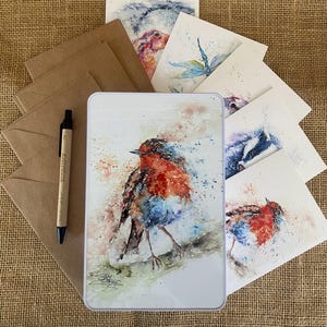 Scatola di latta Robin con 12 biglietti di auguri, set regalo, poesia e arte, biglietti di auguri con arte della fauna selvatica, acquerelli e parole dell'artista Sandi Mower