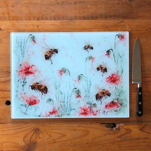 Poppy Bees Glass Chopping Board, Kitchen Worktop Saver, Table Mat, Cutting Mat. Watercolours By Wildlife Artist Sandi Mower