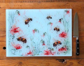 Poppy Bees Glass Chopping Board, Kitchen Worktop Saver, Table Mat, Cutting Mat. Watercolours By Wildlife Artist Sandi Mower