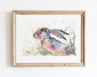 Bluebell Hare, Hare Print, Watercolour Fine Art Giclee Print, Hare Watercolour, From an Original Painting by Wildlife Artist Sandi Mower
