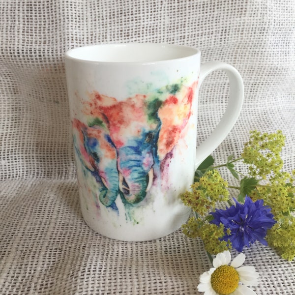 Elephants Watercolour Bone China Mug,  10oz, 14oz China Cup, Gift, Kitchenware, Wildlife Art Mug by Watercolour Artist Sandi Mower