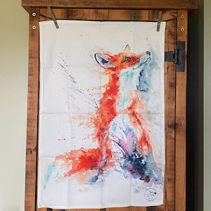 Foxy Vixen Tea Towel, Wildlife Art Tea Towel, 100% Cotton, Kitchen Dish Towel, Watercolours by Wildlife Artist Sandi Mower