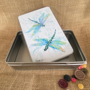 Dragonfly Watercolour Storage Tin, Presentation Gift Tin, Metal Keepsake Tin, by Wildlife Artist Sandi Mower
