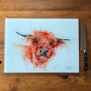 Angus the Highland Cow Glass Chopping Board, Kitchen Worktop Saver, Table Mat, Cutting Mat. Watercolours By Wildlife Artist Sandi Mower