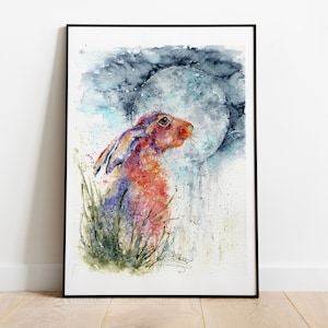 Mondgucker. Hare & Moon Limitierte Druck, Hase Kaninchen Giclee Art Print, signiert Aquarellmalerei von Wildtierkünstlerin Sandi Mower