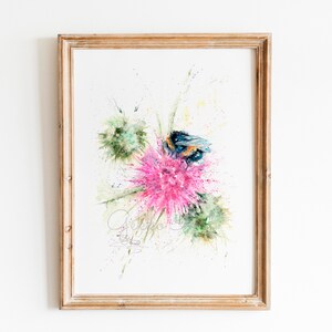 Bee Nice, Bumblebee on Burdock Thistle, Fine Art Giclee Print, from an Original Watercolour Painting by Wildlife Artist Sandi Mower