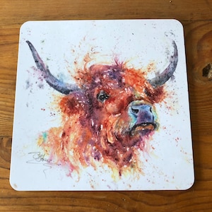 Highland Cow Coaster, Melamine Placemat, Tableware, Watercolour Art Print, Kitchen Dining Home Decor, Gifts