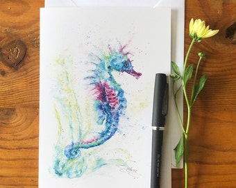 Seahorse Card, Seahorse Greetings Card, Wildlife Art Card, Birthday Card, Blank Card, Watercolours by Wildlife Artist Sandi Mower