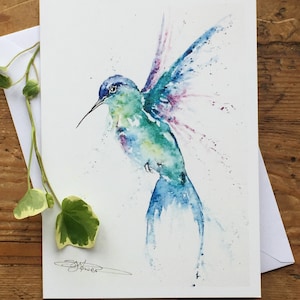 Kolibri Karte, Vogel Grußkarte, Notizkarte, Wildtier Kunst, Grußkarte, Kunstkarte, Geburtstagskarte, Blanko Karte, Aquarell