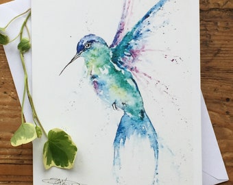 Hummingbird Card, Bird Greetings Card, Note Card, Wildlife Art, Greeting Card, Art Card, Birthday Card, Blank Card, Watercolour