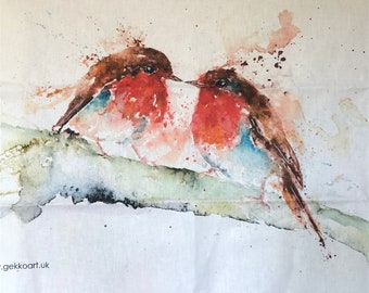 Robins Kiss Tea Towel, Wildlife Art Tea Towel, 100% Cotton, Kitchen Towel, Robin Watercolour Gifts by Wildlife Artist Sandi Mower