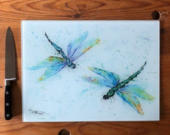 Dragonflies Glass Chopping Board, Kitchen Worktop Saver, Table Mat, Cutting Mat. Watercolours By Wildlife Artist Sandi Mower