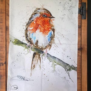 Robin Tea Towel, Wildlife Art Tea Towel, 100% Cotton, Homeware, Textiles, Artwork by Sandi Mower, Gekko Art Watercolours