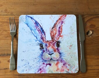 Hare We Go Table mat, Melamine Placemat, Tableware, Hare Watercolour Kitchenware by Wildlife Artist Sandi Mower