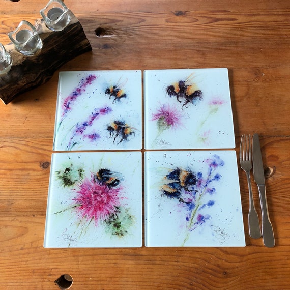 Set of 4 Glass Table Mats 20cm Square Tiles Colourful Bee & Etsy