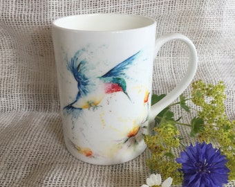 Hummingbirds Watercolour Bone China Mug, China Cup, Wildlife Art Mug by Watercolour Artist Sandi Mower