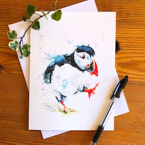 Puffin Card, Cute Greetings Card, Arte della fauna selvatica, Biglietto nota, Biglietto d'Arte, Biglietto di Compleanno, Carta Vuota, Acquerello, Stampa
