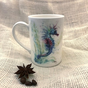 Seahorse Watercolour Bone China Mug, 10oz  China Cup, Gift, Wildlife Art Mug by Watercolour Artist Sandi Mower