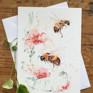 Bei e papaveri carta, Miele Api Biglietto d'auguri, Bee Art, Arte della fauna selvatica, Nota, Carta d'Arte, Carta di compleanno, Carta vuota, Acquerello,