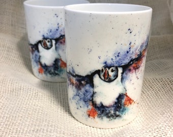 Incoming Puffin Watercolour Bone China Mug, China Cup, Gift, Wildlife Art Mug by Watercolour Artist Sandi Mower