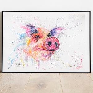 Filthy Pig Print, Watercolour, art print, Pig painting, wall art, Pig art, Farm Animals ilustration, colourful, wildlife art print