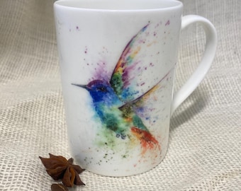 Sapphire Hummingbird Bone China Mug, Wildlife Art Mug by Watercolour Artist Sandi Mower