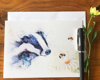 Badgering the Bees Card, Badger Greetings Card, Wildlife Art Card, Birthday Card, Blank Card, Watercolours by Wildlife Artist Sandi Mower