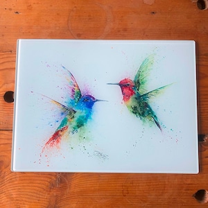 Hummingbirds Glass Chopping Board, Kitchen Worktop Saver, Table Mat, Cutting Mat. Watercolours By Wildlife Artist Sandi Mower