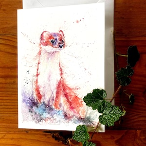May include: Watercolor art card featuring a stoat, rendered in shades of red, pink, and white, with a touch of purple and blue. The stoat is depicted in a naturalistic style, set against a white background. An envelope and green leaves are also visible.