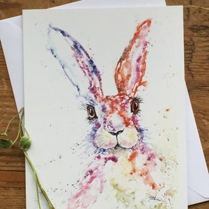 Biglietto di lepre, biglietto di auguri di lepre, arte di lepre, arte della fauna selvatica, biglietto da visita, biglietto d'arte, biglietto di compleanno, biglietto vuoto, acquerello, stampa